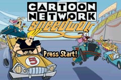 The Cartoon Network Speedway title screen displays the game logo at the top in a black banner, with a cartoonish race car styled with the number 5 and character features visible in the lower left. The background shows a bright blue sky and a road with lane markings stretching into the distance. A yellow "Press Start!" prompt appears in white text in the center-right of the screen. The art uses bright, flat colors typical of Game Boy Advance graphics, with simplified sprite designs and a colorful, child-friendly aesthetic.