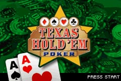 A golden star-shaped logo dominates the center of the screen displaying "TEXAS HOLD'EM POKER" in red and yellow text. Below the logo sits a green circuit board pattern background. Two playing cards are visible in the lower left corner: an Ace of Spades and an Ace of Hearts. The text "PRESS START" appears at the bottom right. The overall color scheme uses bright greens, golds, and reds typical of GBA-era graphics.