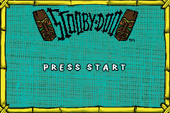 The title screen displays the Scooby-Doo logo at the top center in black lettering against a turquoise background with a pixelated wood-grain texture. The logo is flanked by two dark brown boot or shoe graphics on either side. Below the logo, white block letters spell 'PRESS START' centered on the screen. A yellow and brown border frames the entire screen edges in a retro Game Boy Advance style.