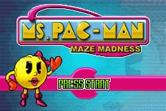 The Ms. Pac-Man Maze Madness title screen displays a pink and blue neon-style logo at the top with pixelated lettering. Below sits a large yellow sprite of Ms. Pac-Man facing left with a red bow, positioned in the lower-left quadrant. A bright pink horizontal banner containing white text reading 'PRESS START!' stretches across the lower half of the screen. The background features a teal gradient with darker horizontal scanlines typical of Game Boy Advance graphics, creating a retro arcade aesthetic.