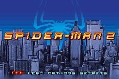 A nighttime cityscape with tall skyscrapers rendered in dark blue tones fills the screen. The Spider-Man 2 logo appears in yellow and orange text in the upper portion. Below the logo, a horizontal red banner displays game menu options including "NEW GAME", "CONTINUE", and "SECRETS" in small white text. The city buildings feature illuminated windows and vary in height across the skyline. A blue tint with subtle horizontal scan lines typical of Game Boy Advance graphics covers the entire scene.