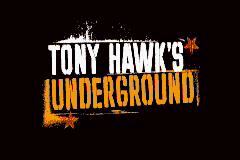 The title screen displays "TONY HAWK'S UNDERGROUND" in large white and orange text against a black background. The logo features stylized lettering with an orange flame or explosion effect beneath it, creating a graffiti-inspired aesthetic typical of early 2000s skateboarding games. The design uses a high-contrast color scheme of white text with orange accents on solid black, characteristic of GBA-era graphics.