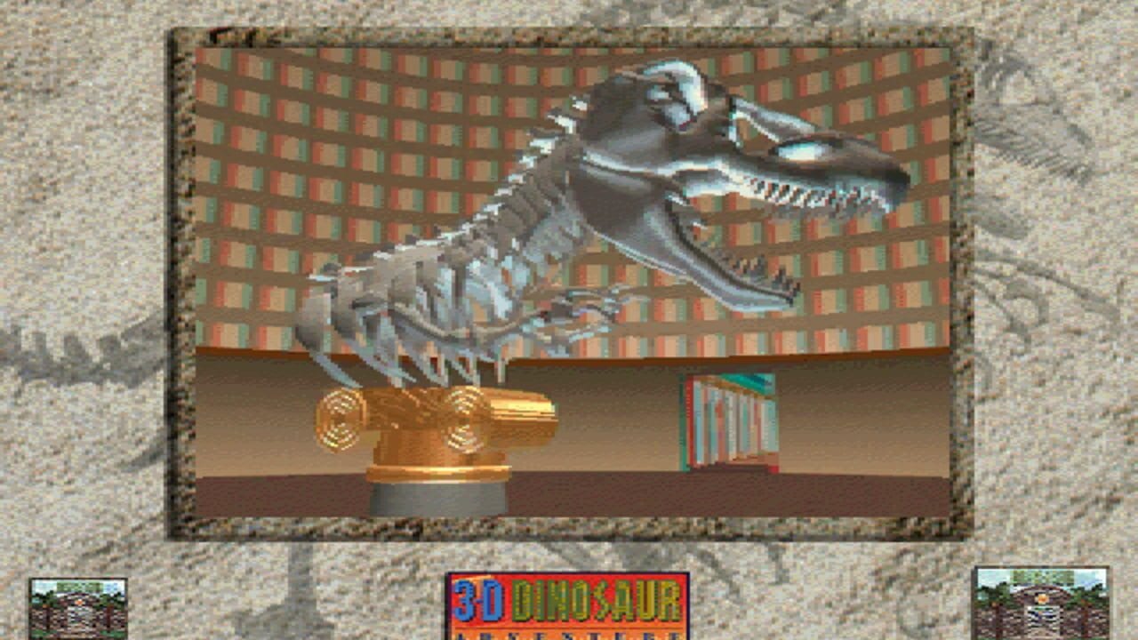 A large dinosaur skeleton displayed on a pedestal dominates the center of the screen, shown in profile facing right with visible teeth and spine. Behind the skeleton is a striped wallpaper backdrop in red and green. Below sits a golden ornamental pedestal with geometric patterns. A tan-colored wall forms the background, with a small bookshelf visible in the right corner. The title "3-D DINOSAUR" appears in blue and green text at the bottom center, with small thumbnail images visible in the lower left and right corners showing outdoor scenes. The overall aesthetic is that of early 1990s computer graphics with flat-shaded 3D rendering.