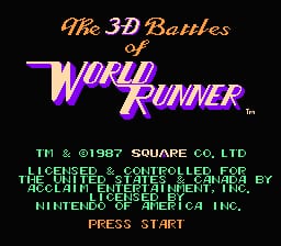 The title screen displays "The 3D Battles of World Runner" in large purple gradient letters against a black background. Below the logo are copyright notices listing THQ and Square Co., Ltd. as 1987, with credits to Aclaim Entertainment, Inc. and Nintendo for the NES platform. A "PRESS START" prompt appears at the bottom in orange text, centered on the screen. The title uses a metallic, three-dimensional font style typical of late-1980s arcade conversions.