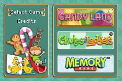 A game menu screen displays three selectable options on a green-bordered interface. The left panel shows "Select Game!" and "Credits" buttons above colorful candy and game piece imagery. Three game titles appear on the right in yellow and green text: "CANDY LAND" at top, "Chutes and Ladders" in the middle, and "MEMORY™" at the bottom, each within its own rounded rectangular button. The overall layout uses a bright, cartoonish color palette with rounded UI elements typical of Game Boy Advance presentation.