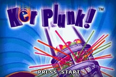 The Ker Plunk! title screen displays the game's logo in large purple and pink letters with white outlines against a blue gradient background. Below the title, a colorful marbles-and-sticks game board graphic tilts diagonally, showing red and yellow marbles and silver sticks arranged vertically. A white 'PRESS START' prompt appears in the lower portion of the screen. The overall visual style uses bright, saturated colors typical of Game Boy Advance games from this era.