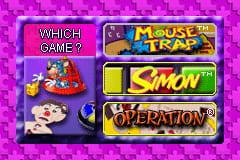 A magenta-bordered menu screen displays three game options centered vertically. At the top left, a small character sprite appears next to "WHICH GAME?" text. Below are three rectangular game selection buttons: Mouse Trap with a yellow-orange band, Simon with green lettering, and Operation with a red-orange band. Each button contains the respective game's title in bright colors against darker backgrounds, arranged in a standard vertical menu layout typical of Game Boy Advance titles.
