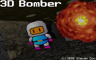 A pixelated character with a white head, blue body, and magenta arms and legs stands on a gray terrain in the center-left of the screen. To the right, a large red-orange explosion with a bright yellow center erupts against a dark background. The title "3D Bomber" appears in white text in the upper-left corner, with a copyright notice for Steven Don visible in the bottom-right. The sprite uses a limited color palette typical of DOS-era graphics.