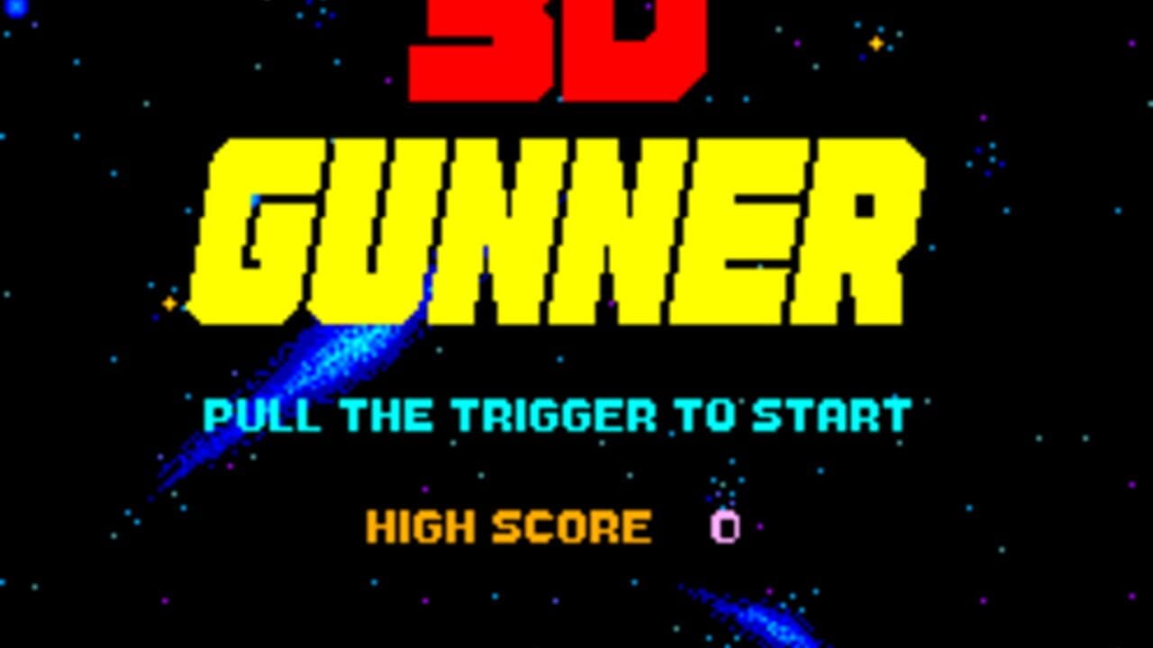 A black starfield background with scattered blue, purple, and yellow pixels representing stars. The red "3D" logo appears at the top, followed by the large yellow pixelated text "GUNNER" below it. Cyan text reads "PULL THE TRIGGER TO START" with a blue diagonal beam graphic crossing through the middle. Below that, orange text displays "HIGH SCORE" with a pink score value of "0" to its right. The overall art style uses bright primary colors and blocky pixel-based fonts typical of early 1980s arcade games.