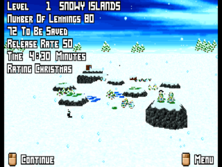 A snowy winter landscape dominates the screen, featuring multiple small islands or platforms scattered across white snow-covered terrain. Small green and blue lemming figures are visible on various platforms throughout the level. The top-left displays level information: Level 1 Snowy Islands, Number of Lemmings 80, 12 to be saved, Release rate 50, Time 9:50 minutes, Rating Boasting. A blue sky with white clouds fills the background. The lower-left corner shows a small menu icon labeled Continue, while a Menu option appears in the bottom-right corner. The isometric perspective renders the environment in a flat pixel art style typical of early 1990s DOS games.