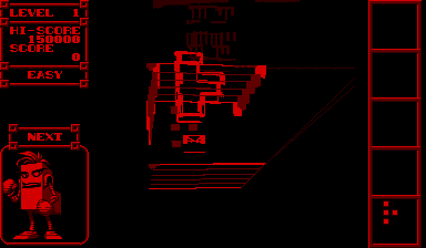 A red wireframe 3D tetromino piece floats in the center of a black play field on a Virtual Boy display. The left sidebar shows game information in red text: level 4, difficulty easy, next piece preview featuring a robot-like figure, and score 13000. The right edge displays a vertical column of stacked tetromino blocks in various states of placement. The entire interface uses red monochromatic graphics typical of Virtual Boy hardware.