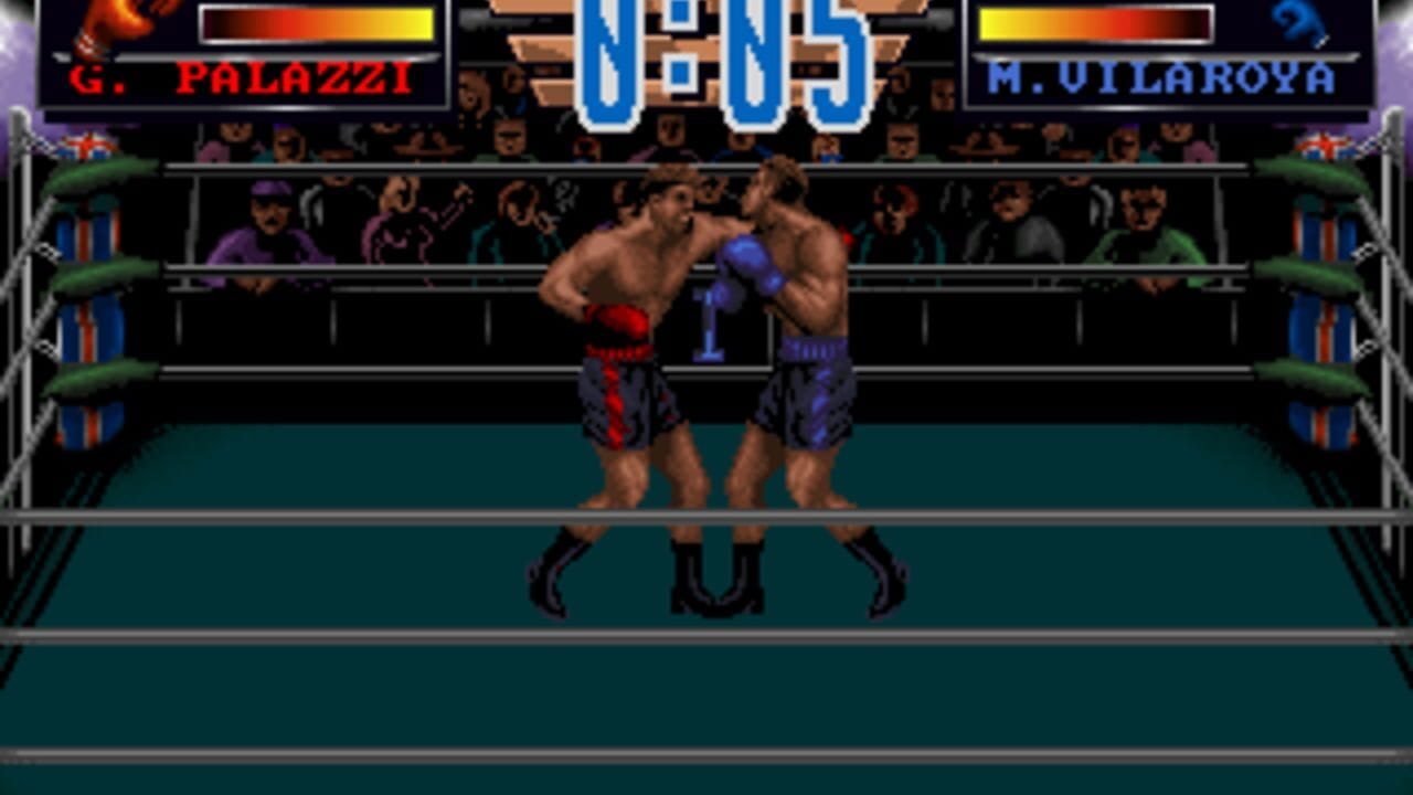 Two shirtless boxers face off in a boxing ring during an active match. The fighter on the left wears red shorts with blue gloves, while the opponent on the right wears blue shorts with purple gloves. A crowd of spectators in dark silhouettes fills the stands behind the ring ropes. Health bars for both fighters appear at the top of the screen, labeled "G. PALAZZI" on the left and "M. VILLAROYA" on the right. The round counter displays "0-0-5" in large blue text at the center top. The ring features a teal-colored canvas with metal railings on either side, and the overall scene uses a limited color palette typical of early 1990s DOS graphics.