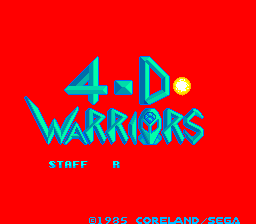 The title screen displays '4-D WARRIORS' in large cyan and orange pixelated letters against a solid red background. Below the title text reads 'STREE' and 'A' in smaller cyan lettering. At the bottom of the screen, copyright information states '©1995 CORELAND·SEGA' in cyan text. The overall design uses a limited color palette typical of mid-1980s arcade graphics, with blocky sprite-style lettering against the monochromatic red field.