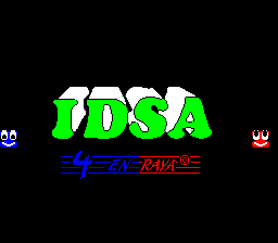 The title screen displays "IDSA" in large bright green pixelated letters against a black background. Below the title, red and blue text reads "4 En Raya". A small blue ghost character appears on the left side, and a red ghost character appears on the right side. The overall aesthetic uses the limited color palette typical of early 1990s arcade graphics with bold, blocky sprite design.