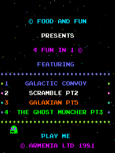 A title screen with black background displays cyan text reading 'FOOD AND FUN' at the top, followed by 'PRESENTS' in white. Below, magenta text announces '4 FUN IN 1' with 'FEATURING' beneath it. A row of purple asterisks separates the header from a numbered list in cyan text: '1 GALACTIC CONVOY', '2 SCRAMBLE PT2', '3 GALAXIAN PT5', and '4 THE GHOST HUNTER PT3'. A small green pixel-art UFO sprite appears in the lower left. Cyan text at bottom reads 'PLAY ME' with '©,ARMENIA LTD 1981' below in magenta. Stars dot the black background throughout.