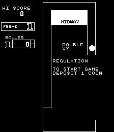 A black screen displays white text reading "MIDWAY" centered in the upper portion, with "DOUBLE XX" beneath it. Below that, "REGULATION" and "TO START GAME" text appears, followed by "DEPOSIT 1 COIN" at the bottom. On the left side, a scoring interface shows "HI SCORE 0", "FRAME 1", and a "BOWLER" counter reading "1" and "0". A vertical rectangular lane structure with white borders is visible in the center, representing the bowling alley's overhead view. The entire image uses a two-color arcade display with black background and white text and graphics.