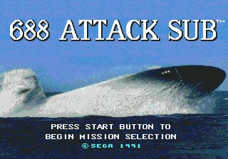 A title screen displays "688 ATTACK SUB" in large white letters at the top against a blue sky background. Below is a photograph-style image of a submarine in profile with white wake spray visible to its left. At the bottom, white text reads "PRESS START BUTTON TO BEGIN MISSION SELECTION" with a Sega 1991 copyright notice. The overall presentation combines text overlay with a photorealistic submarine image.