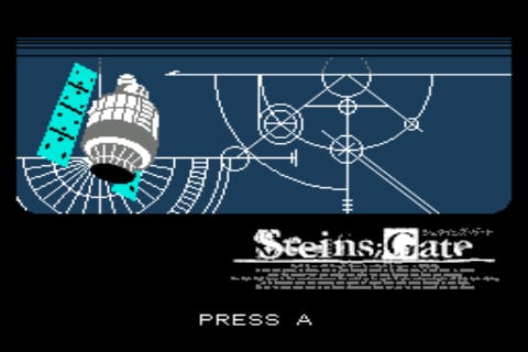The title screen displays the Steins;Gate logo in white pixelated text against a black background. Above the title, a technical blueprint-style illustration fills the upper portion, featuring a spherical apparatus with antenna-like protrusions in cyan and white against a dark blue grid background. Geometric circuit diagrams and circular nodes are visible throughout the technical drawing. Below the logo, small white text credits appear, and at the bottom center, the instruction "PRESS A" is displayed in white pixels.