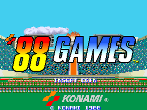 The title screen displays '88 GAMES' in large pixelated letters across the center, with '88' in yellow and 'GAMES' in blue. Below the title, a green athletic field or track is visible with a red running figure in motion. At the bottom, white text reads 'KONAMI' with the registered trademark symbol. The background shows a bright cyan sky with white clouds. The overall pixel art style and color palette are characteristic of late 1980s arcade graphics.
