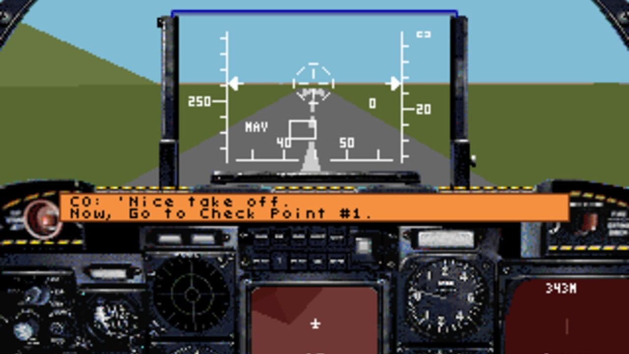 A cockpit view shows a heads-up display with a runway centerline and navigation crosshairs in the upper portion. An orange message bar reads 'CO: NICS takes off. Now, Go to Check Point #1.' The lower portion displays aircraft instruments and gauges, including a circular radar screen on the left and two dark rectangular displays in the center and right. A brown/maroon colored tactical map appears in the lower center. The background shows green terrain and blue sky with runway markers visible.
