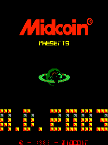 The Midcoin arcade title screen features the red Midcoin logo with registered trademark symbol at the top, followed by yellow pixelated text reading 'PRESENTS' below it. A green circular target or crosshair design with a black spacecraft silhouette appears in the center. At the bottom, orange and yellow blocky pixel text spells out 'A.D.2083' in large characters, with a red Midcoin copyright notice and 1983 date centered underneath. The background is entirely black, typical of early 1980s arcade aesthetics.