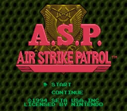 The A.S.P. Air Strike Patrol title screen displays the game's logo in large pink letters centered above a golden military emblem against a dark green textured background. Below the logo appear menu options in green text reading 'START', 'CONTINUE', and 'COPYRIGHT USING' followed by '© 1994 SETA USING / PROGRAM BY ATARI'. The overall composition uses a limited 16-bit color palette typical of early-to-mid 1990s SNES titles.
