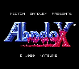 The title screen displays "Abadox" in large metallic blue lettering with a red energy wave effect beneath it. Above the logo, "Milton Bradley Presents" appears in white text. The "TM" trademark symbol is positioned in the upper right of the title. Copyright information reading "© 1989 Natsume" is centered at the bottom in white text. The background is solid black, creating high contrast with the glowing blue and red title graphics rendered in NES-era pixel art style.