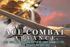 The title screen displays 'ACE COMBAT ADVANCE' in large silver capital letters centered on the image. Behind the text, a jet fighter aircraft performs a maneuver amid explosions and orange flames against a cloudy sky background. Below the main title, smaller white text reads 'ACE COMBAT ADVANCE © 2005 NAMCO LTD' and 'HUMAN SOFT'. The overall color palette consists of warm oranges, golds, and grays, rendered in the limited color depth typical of Game Boy Advance graphics.