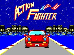 A red sports car is centered on a gray road stretching into the distance, set against a starry blue night sky. Yellow and orange "ACTION FIGHTER" text appears at the top in a bold, angular font with motion lines. Pixelated city buildings in dark blue line both sides of the road in the background. Yellow Japanese characters are visible along the left and right edges of the screen, with additional text at the bottom. The image uses the low-resolution sprite graphics and limited color palette typical of early Sega Master System titles.