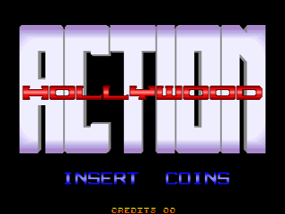 The title screen displays 'ACTION HOLLYWOOD' in large purple and white pixelated letters with a red horizontal bar cutting through the center. Below the title, blue text reads 'INSERT COINS' centered on a black background. At the bottom, orange text credits 'GRAPHICS 88' in small font. The overall aesthetic uses a limited color palette typical of mid-1990s arcade graphics with bold, blocky typography.