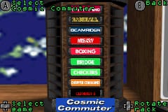 A menu screen displays a vertical list of game titles in colored boxes against a dark background, including options like "Commander", "Asteroids", "Breakout", "Boxing", "Bridge", "Chopper Command", and "Cosmic Commando" visible at bottom. The left side shows a blue space-themed background with white pixel-art objects resembling projectiles or debris. A score display appears in the top-left corner with numerical values, and interface elements in the top-right indicate player status. The overall aesthetic is low-resolution 8-bit sprite graphics typical of early Atari games.