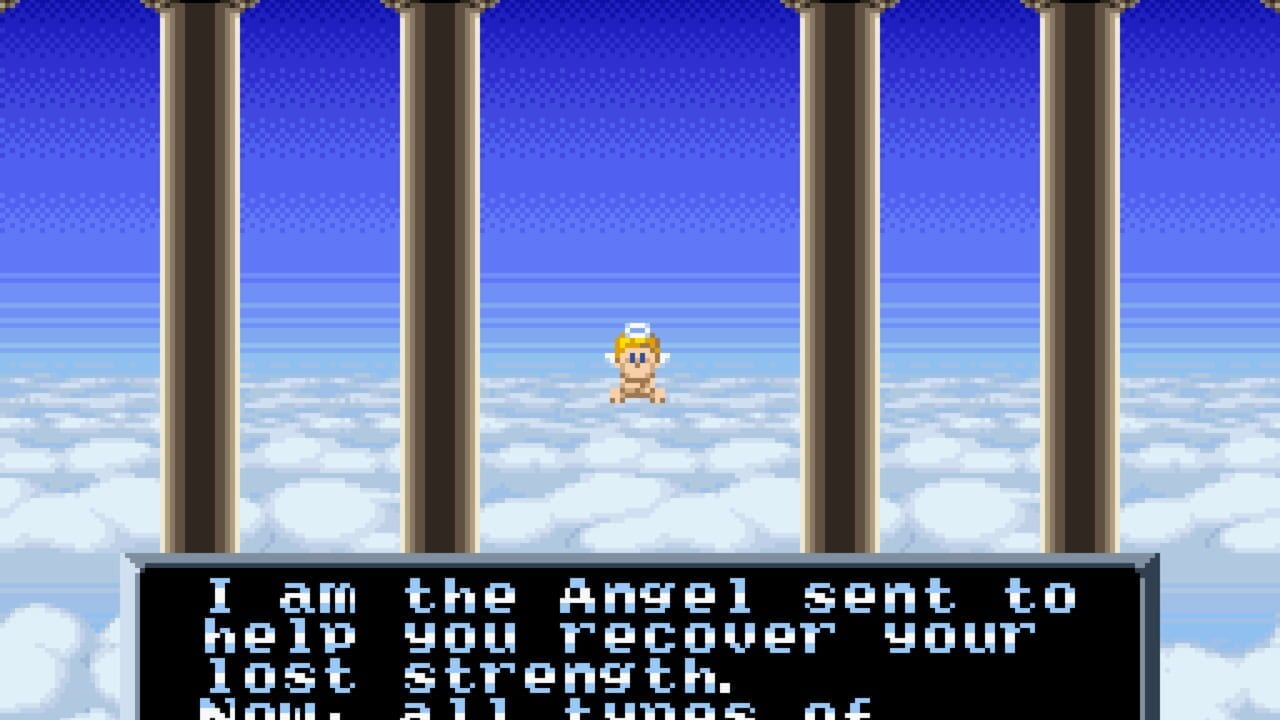 A small pixelated character with a yellow crown hovers in the center of a cloudy sky view framed by four tall dark columns. The background shows a gradient from deep blue at the top through lighter blue to white clouds below, rendered with horizontal striping to suggest atmospheric depth. A black text box at the bottom displays cyan-colored dialogue in a blocky pixel font reading 'I am the Angel sent to help you recover your lost strength. Now, all things of...' with the text cut off at the edge of the screen.