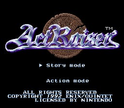 The ActRaiser title screen displays the game's logo in large blue stylized lettering at the top center, with a brown spherical object positioned above it. Below the logo, white text lists menu options including "Story mode" and "Action mode", followed by copyright information for Quintet and a Nintendo copyright notice dated 1992. The background is solid black, typical of early SNES title screens, with all text rendered in a pixel-based 16-bit art style.