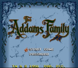 The title screen displays 'Addams Family 2' in ornate gold lettering centered on a light blue background with decorative corner flourishes. Below the title are two menu options: 'START GAME' and 'PASSWORD' in orange text. At the bottom, copyright and platform information reads '1992 1993 BAR D.I.C.' in small white lettering. The overall aesthetic uses a muted color palette with pixelated text typical of early 1990s SNES graphics.