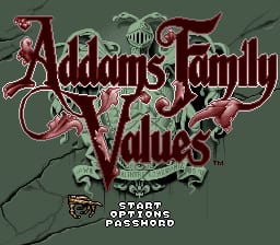 The title screen features the Addams Family Values logo in ornate red lettering with decorative vine and skull motifs against a muted green background. Below the logo, a small Sega Genesis cartridge icon appears in the bottom-left corner, followed by three menu options: 'START GAME', 'OPTIONS', and 'BIGSHOT' displayed in white text. The overall color palette consists of dark greens, reds, and blacks, characteristic of SNES-era sprite graphics.