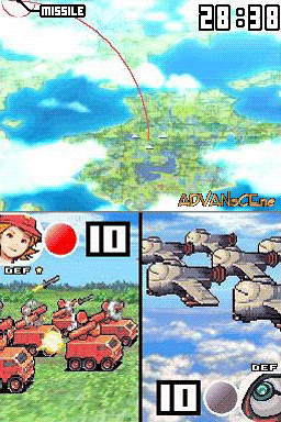 A split-screen dual-strike interface dominates the Nintendo DS display. The top screen shows an overhead tactical map with a grid-based landscape featuring terrain, water, and a missile trajectory line with text labels. The bottom screen is divided into two gameplay panels: the left shows red-painted military vehicles and tanks on green grass terrain, while the right displays gray armored units against a cloudy sky. UI elements include a score counter reading 29:30 at top-right, red and white circular buttons with numbers, and character portraits on the left side. Sprite-based 2D art with bright, distinct colors characterizes the visual style.