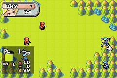 A tactical military map displayed on a lime-green field dotted with coniferous trees. In the upper left, a UI panel shows unit stats labeled "Army" with numerical values. Two player armies face each other across the terrain: red units on the left side and blue units on the right, positioned among tree clusters. The interface displays turn-based gameplay elements with small pixelated character sprites and unit icons scattered across the battlefield grid. The art style uses bright, flat colors typical of Game Boy Advance graphics with low-resolution sprites against a bright background.