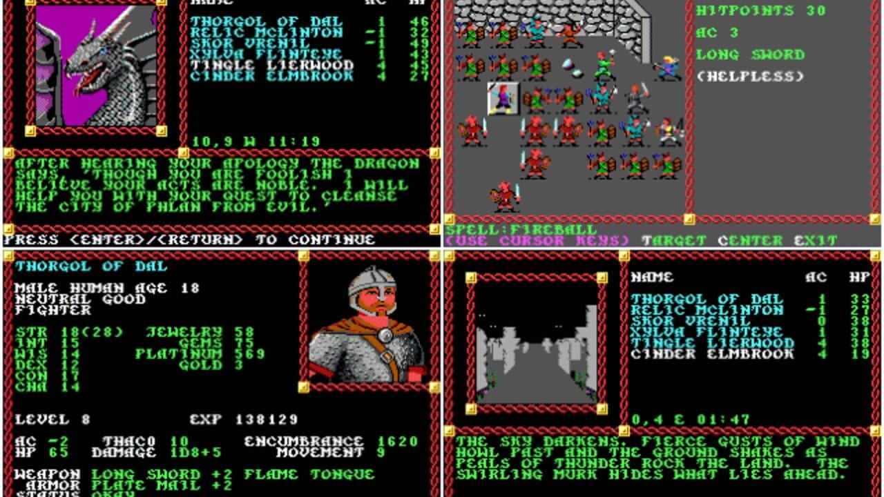 Multiple UI panels display character and game information in green monospace text on black backgrounds. The upper left shows a zoomed portrait of an armored warrior with a red beard. The upper right presents a bird's-eye town view with scattered red and green figures representing NPCs or enemies, with a player character icon visible. Lower panels list character stats including name (Thorgol of Dal), level 8, experience points, attributes (STR 18, INT 9, WIS 12), equipment (Long Sword +2, Plate Mail), and party roster with character names and hit points. Red decorative borders with gold corner squares frame each section. A status message in the center indicates game time and navigation instructions.