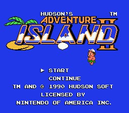 The title screen displays 'Hudson's Adventure Island' in large stylized lettering across the top, with a tropical palm tree and wooden sign aesthetic in the logo. A small pixelated character sprite stands in the center-lower portion of the screen. Below are menu options reading 'START' and 'CONTINUE' aligned to the left. The background is solid blue. Copyright and licensing text appears at the bottom, crediting Hudson Soft, 1990, and Nintendo of America Inc.