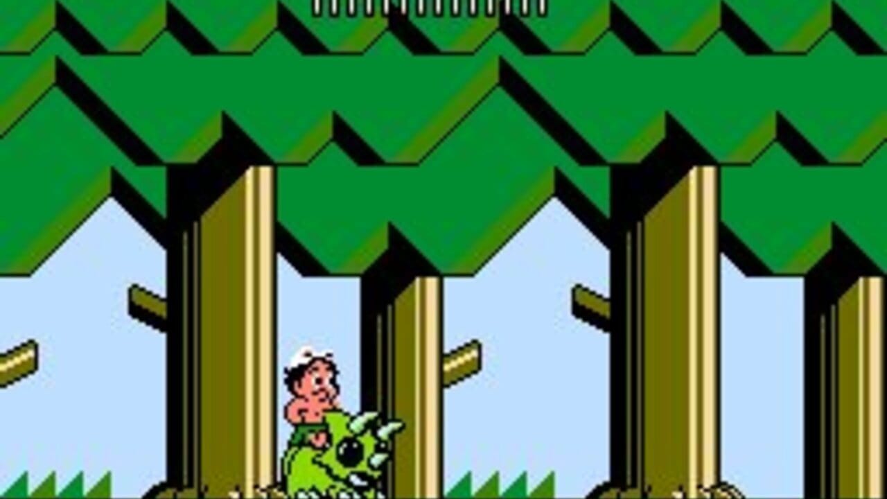 A character with white hair wearing green clothing stands in the center holding a green dinosaur mount, positioned between two tall wooden pillars with black shadows. Green tiled roofs with black shading form a repeating pattern across the top of the screen. Light blue sky fills the background, with horizontal olive-colored branches extending from the pillars. Low-resolution pixel-art style typical of NES games.