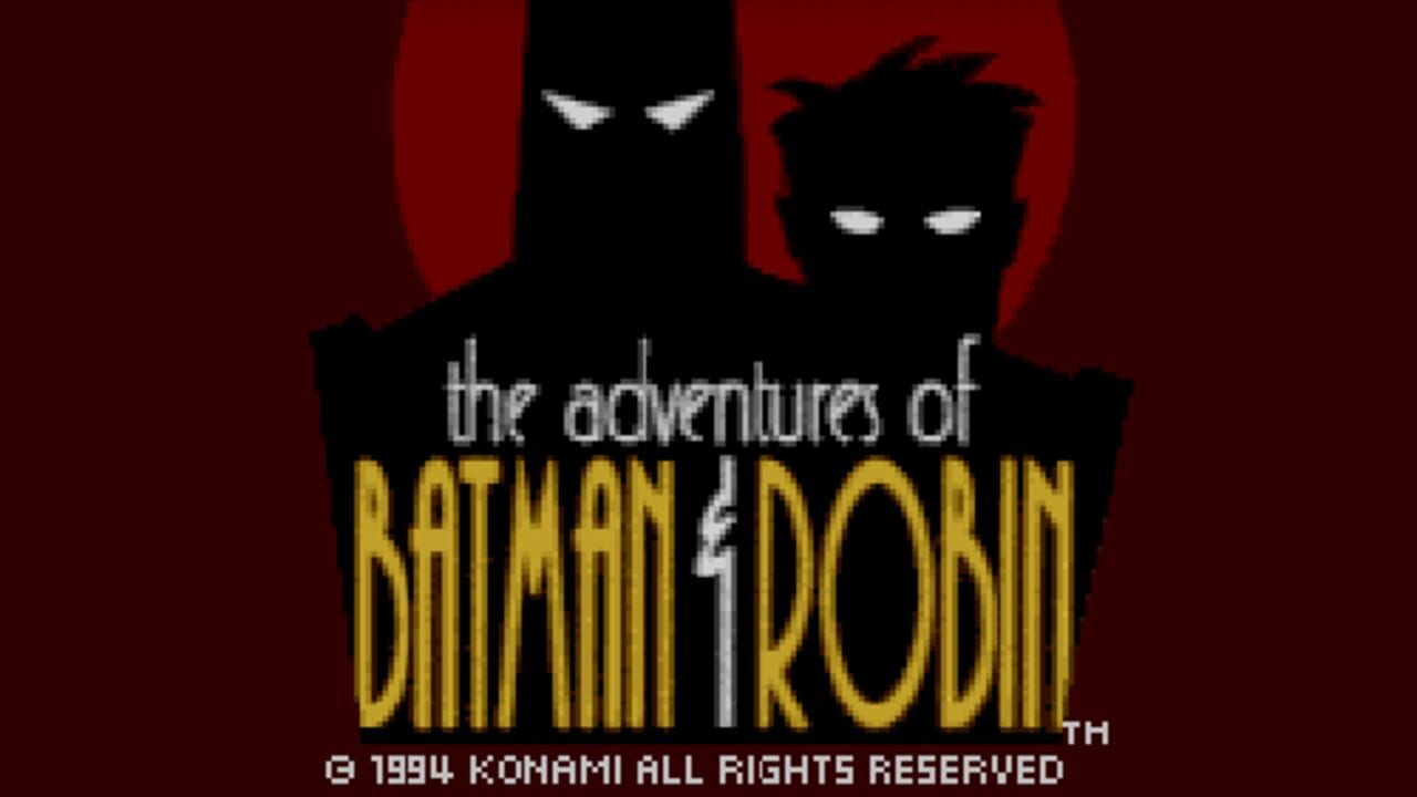 The title screen displays two silhouetted figures with glowing white eyes against a red background. The text reads "the adventures of BATMAN & ROBIN" in large yellow letters with a gray lightning bolt between the character names. A trademark symbol appears in the lower right, and a copyright notice reading "© 1994 KONAMI ALL RIGHTS RESERVED" is centered at the bottom in gray text.