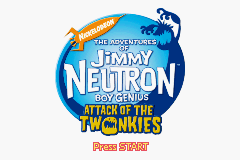 The title screen displays a large circular blue logo centered on a light gray background. Jimmy Neutron's cartoon head appears in the upper-right corner of the logo. The main text reads "Jimmy Neutron Boy Genius" at the top, followed by "ATTACK OF THE TWONKIES" in bold yellow letters below. A red banner with white text saying "Press START" is positioned at the bottom of the screen.