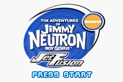 The title screen features a large blue circular logo with 'THE ADVENTURES OF JIMMY NEUTRON BOY GENIUS' text and a smaller circular emblem on the right side. Below, 'JET FUSION' appears in stylized lettering with a silver gradient effect. A light gray background supports the design elements. At the bottom, blue pixelated text reads 'PRESS START' in a classic Game Boy Advance font.