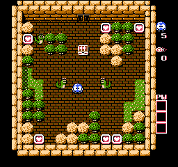 A rectangular dungeon room with brick walls and corners bordered in tan stone. The blue protagonist character Lolo stands in the center-right area. Scattered throughout the room are golden spheres, green vines, and red-and-white enemy creatures positioned at various points. Pink and red tile elements line the right edge, likely representing the exit door. The playing field uses a top-down perspective with 8-bit sprite graphics typical of NES-era puzzle games.