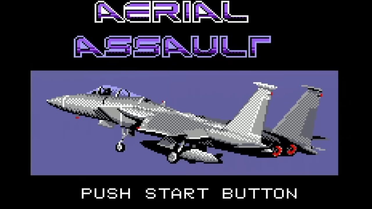 The title screen displays "AERIAL ASSAULT" in purple pixelated letters against a black background. Below sits a purple-blue rectangular panel showing three military fighter jets in profile view facing left, rendered in gray and white pixel art with black outlines and red engine afterburners. At the bottom, white text reads "PUSH START BUTTON" in a simple bitmap font.
