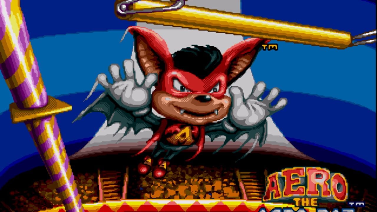 A large anthropomorphic bat character with red mask, brown face, white gloves, and red and teal costume stands center screen with both hands raised in a celebratory pose. A golden baseball bat extends diagonally across the upper portion of the image. The background features blue sky with layered clouds and a brown structure below. A purple and yellow striped pole stands on the left edge. The game title 'AERO THE' appears in red and yellow text in the lower right corner. Pixel art style with 16-bit sprite resolution typical of early 1990s platform games.