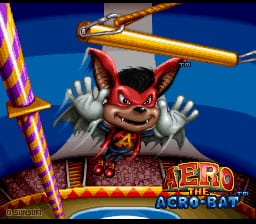 The title screen displays a large red bat character with an expressive face in the center, positioned above the game title "AERO THE ACRO-BAT" rendered in bold yellow and red lettering. The bat wears a red outfit and extends its arms outward in a welcoming gesture. A golden airplane prop is visible in the upper right corner. The background is a solid dark blue with red vertical stripes on the left edge. The overall composition uses bright, saturated colors typical of early 1990s SNES graphics with pixelated sprite work.