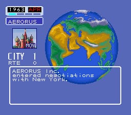 The screen displays an Aerobiz gameplay interface with a large rotating globe centered in the upper portion showing continents in green, orange, and yellow. At the top left, a time counter reads 1973, with the Aerobiz logo positioned above. A white rectangular text box at the bottom contains "AEROBUS" and describes "started negociations with New York." The left side shows a City menu with navigation options in a vertical layout. The overall color palette uses purples, blues, greens, and flesh tones typical of early 1990s SNES graphics, with pixelated sprite-based elements and window-based UI design.