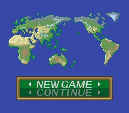 A world map rendered in 16-bit pixel art dominates the screen, showing landmasses in yellow-green and ocean in dark blue. Centered below the map is a green rectangular menu box with a gold border containing the text "NEW GAME" on the left and "CONTINUE" on the right, both flanked by small arrow symbols.