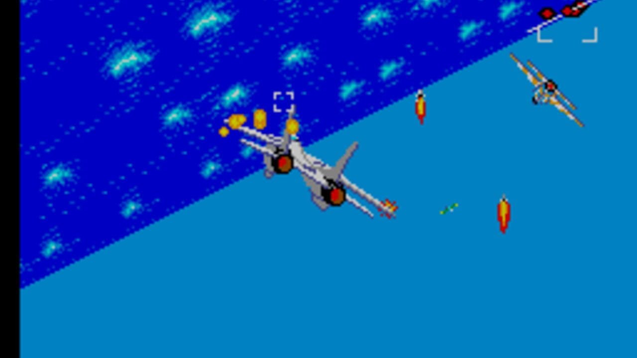 An isometric aerial combat view displays a player fighter jet in the center firing yellow projectiles upward at enemy aircraft. The upper-left portion shows a deep blue water or ocean texture with repeating cyan wave patterns, while the lower-right shows turquoise sky. Three enemy jets are visible—one in the upper right, one center-right, and one lower right. Yellow tracer rounds stream from the player's weapons, and red circular indicators mark weapon impacts. The scene uses flat-shaded polygonal graphics typical of early-1980s arcade-style flight combat games, with distinct pixel-based sprite artwork and a diagonal horizon line dividing the two environmental zones.